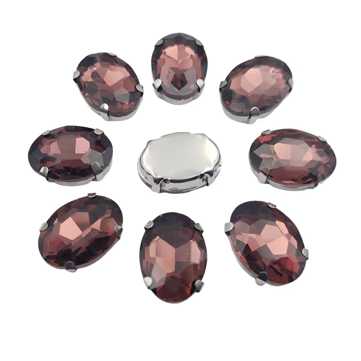 Oval Glass Rhinestones with Claw Setting on Silver Metal Base