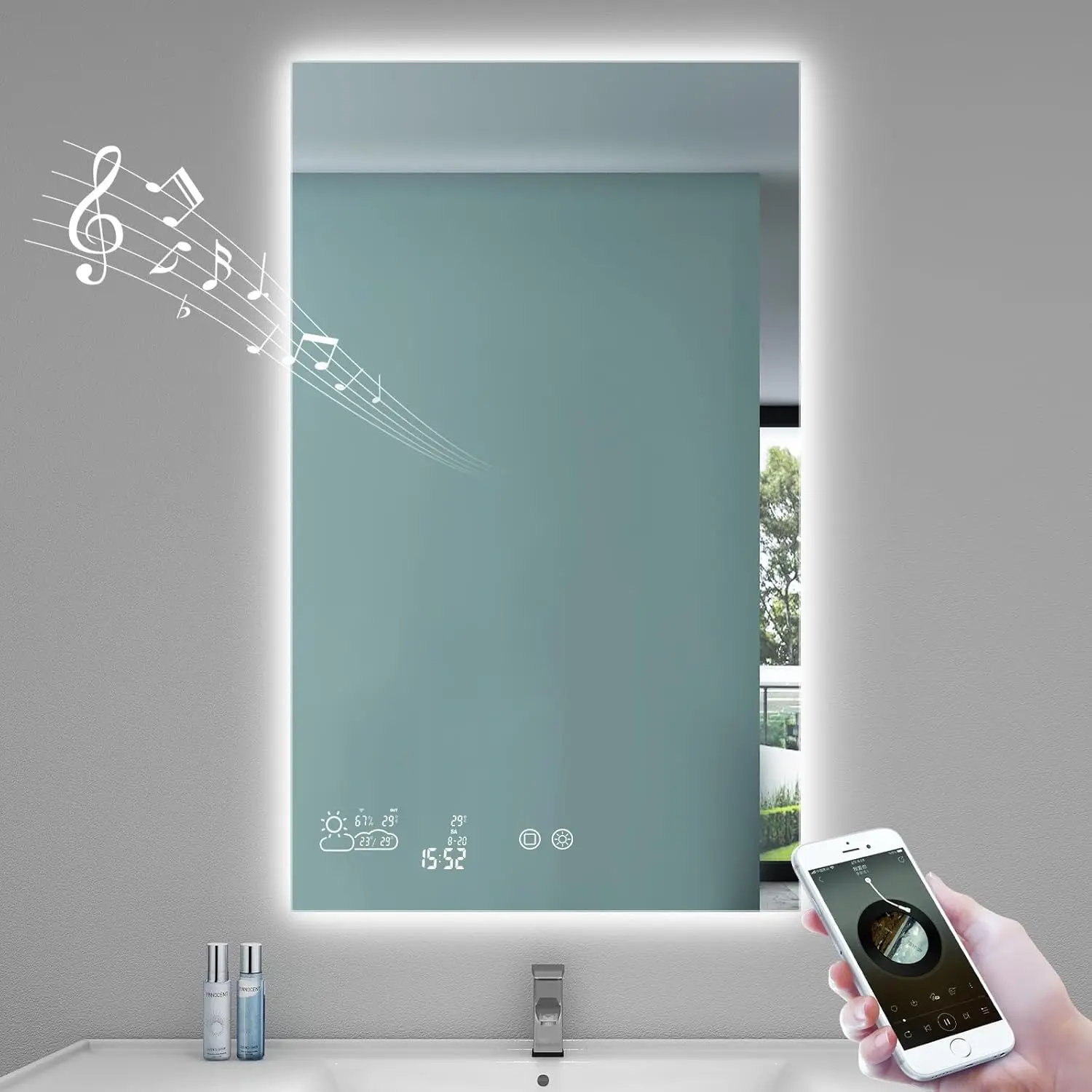Smart Bathroom Mirror with Bluetooth 24&rdquo;X 40&rdquo; WiFi Enabled Weather Display Fog Free Backlit Frameless Brightness Adjust Memory