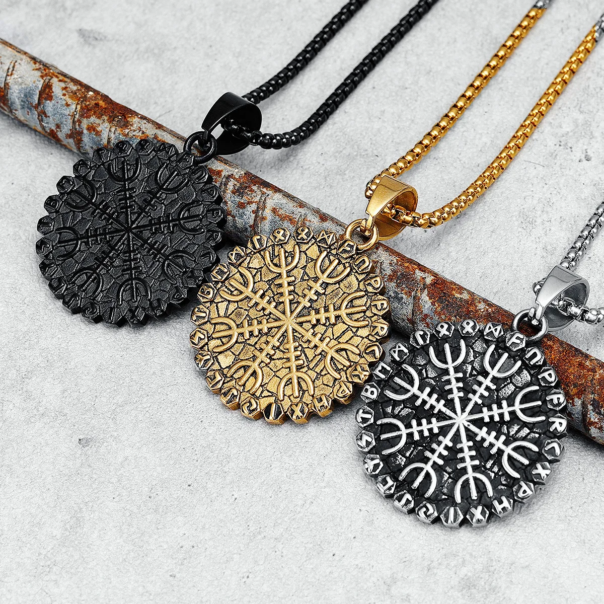 Viking Runes Compass Necklace 316L Stainless Steel Men Retro Tortoise Crack Pendant Chain Punk Rock For Friend Male Jewelry Gift