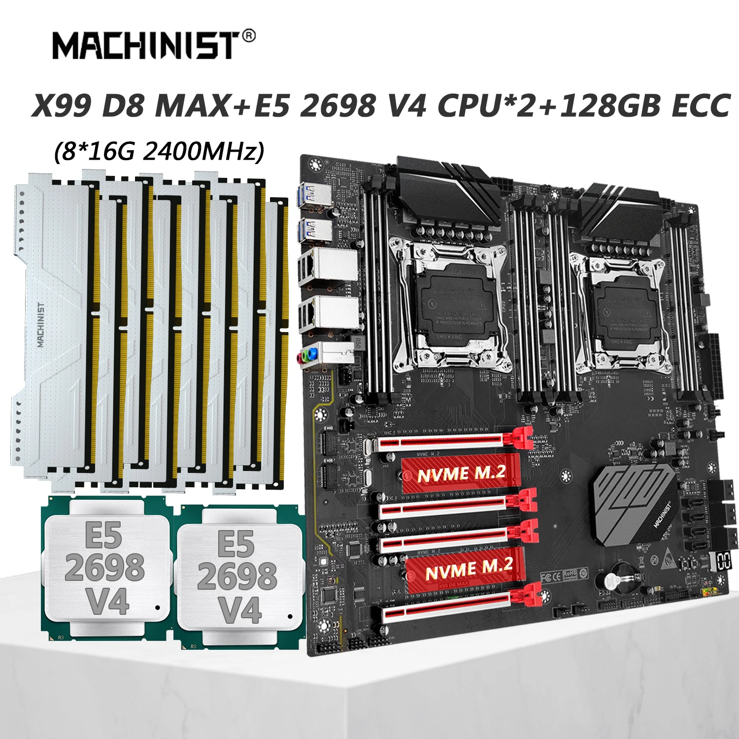 

MACHINIST X99 D8 MAX X99 Dual CPU Motherboard Combo LGA2011-3 Xeon Kit E5 2698 V4 CPU*2pcs DDR4 RAM 128GB Memory USB3.0 NVME M.2