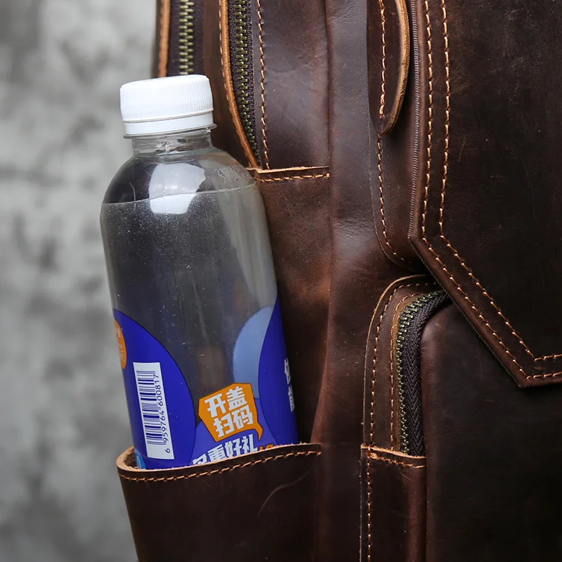 NZPJ Vintage Genuine Leather Men's Backpack Crazy Horse Leather Backpack Natural Cowhide Travel Bag Leisure Computer Bag