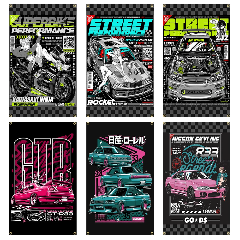 JDM GTR33 R34 레이싱 카 부품, 폴리에스터 플래그 프린트, 차고 장식 배너 태피스트리, 90x150cm