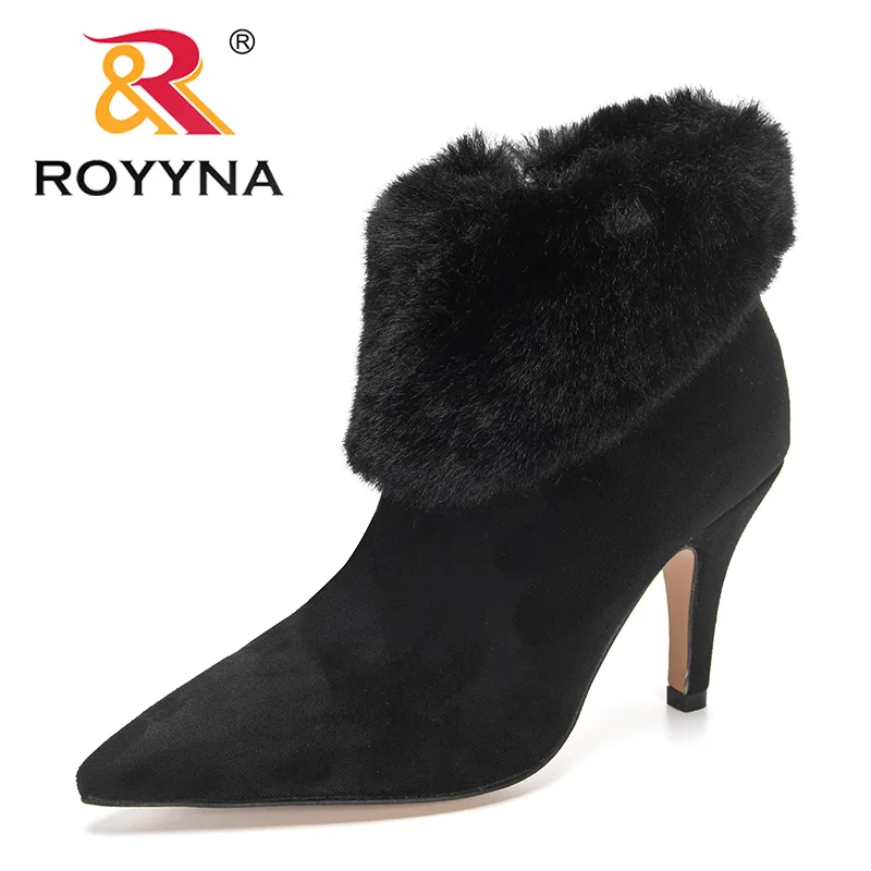 

ROYYNA 2022 New Designers Ankle Boots Pointed Toe High Heel Stiletto Soft Flock Botas Women Plush Black High Top Winter Boots