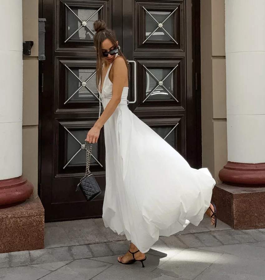 White V-Neck Backless Long Dress Female Sleeveless High Waist Fashion Elegant Luxury Bodycon Dress Women Solid Maxi Dress