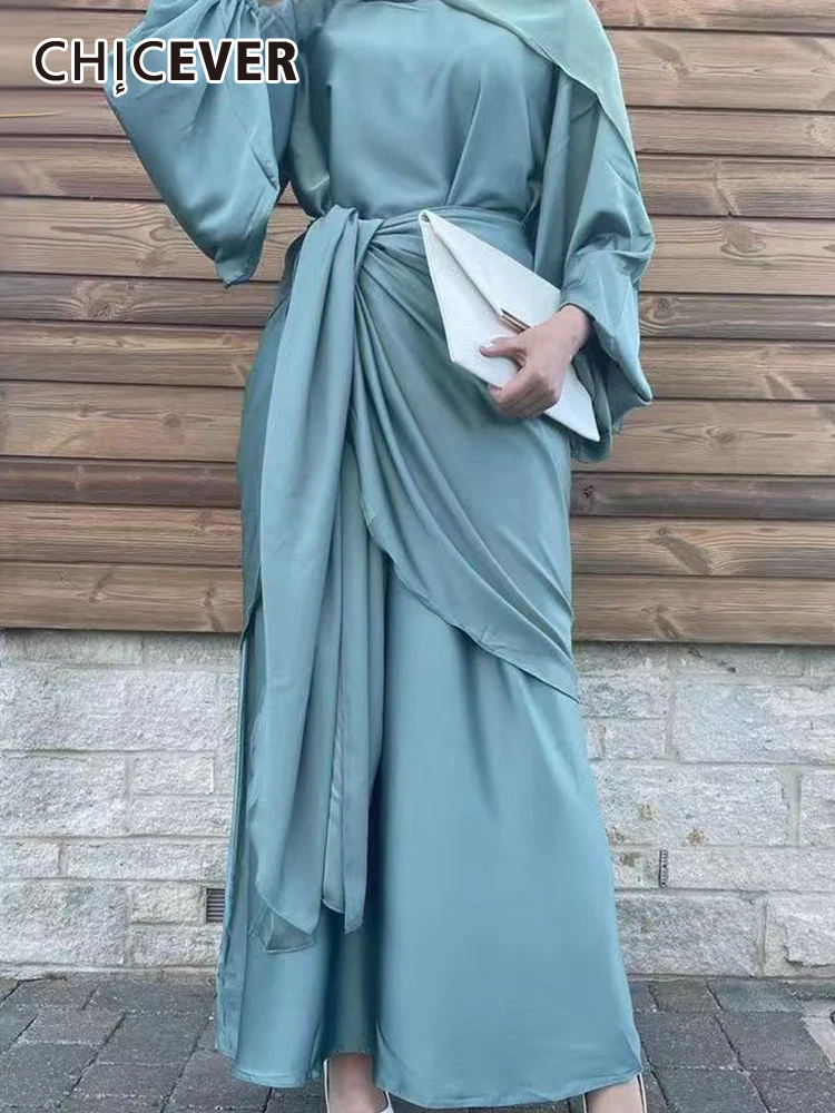 

CHICEVER Slim Bodycon Dresses For Women O Neck Long Sleeve High Waist Solid Folds Temperament Maxi Patchwork Dress Female Summer