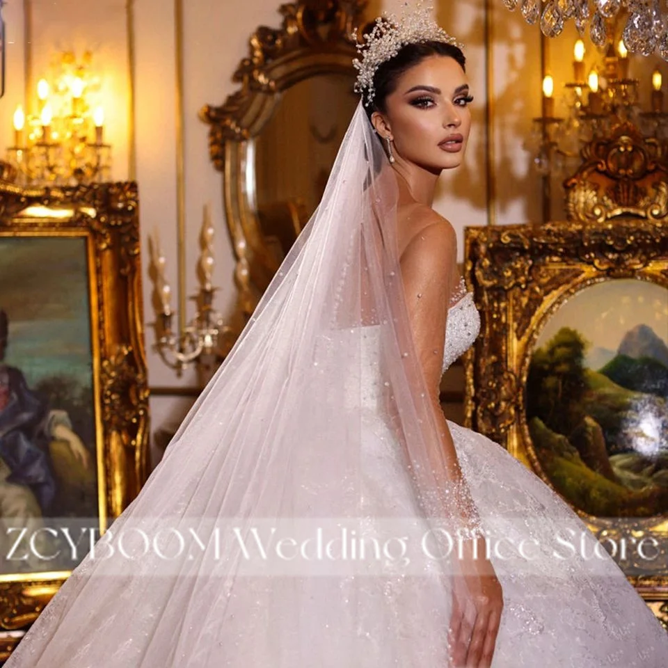 Exquisites Ballkleid mit Funkelnder Perlenverzierung und Transparentem Ausschnitt Hochzeitskleider 2026 Prinzessinnen-Illusion Langarm-Brautkleider Vestidos De Noiva – Detail 7
