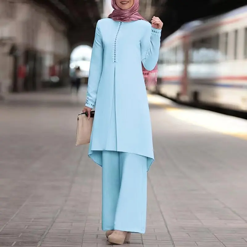 Muslim Fashion Women's Wear Spring and Autumn New Solid Color Long Sleeve Lace Placket round Neck Top and Trousers Suit