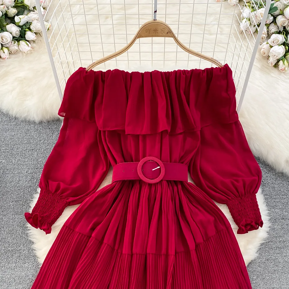 Women Vintage Off Shoulder Dress Chiffon Summer Sweet Lotus Leaf Edge Elegant Pleated Dresses Ladies Evening Party Long Dress