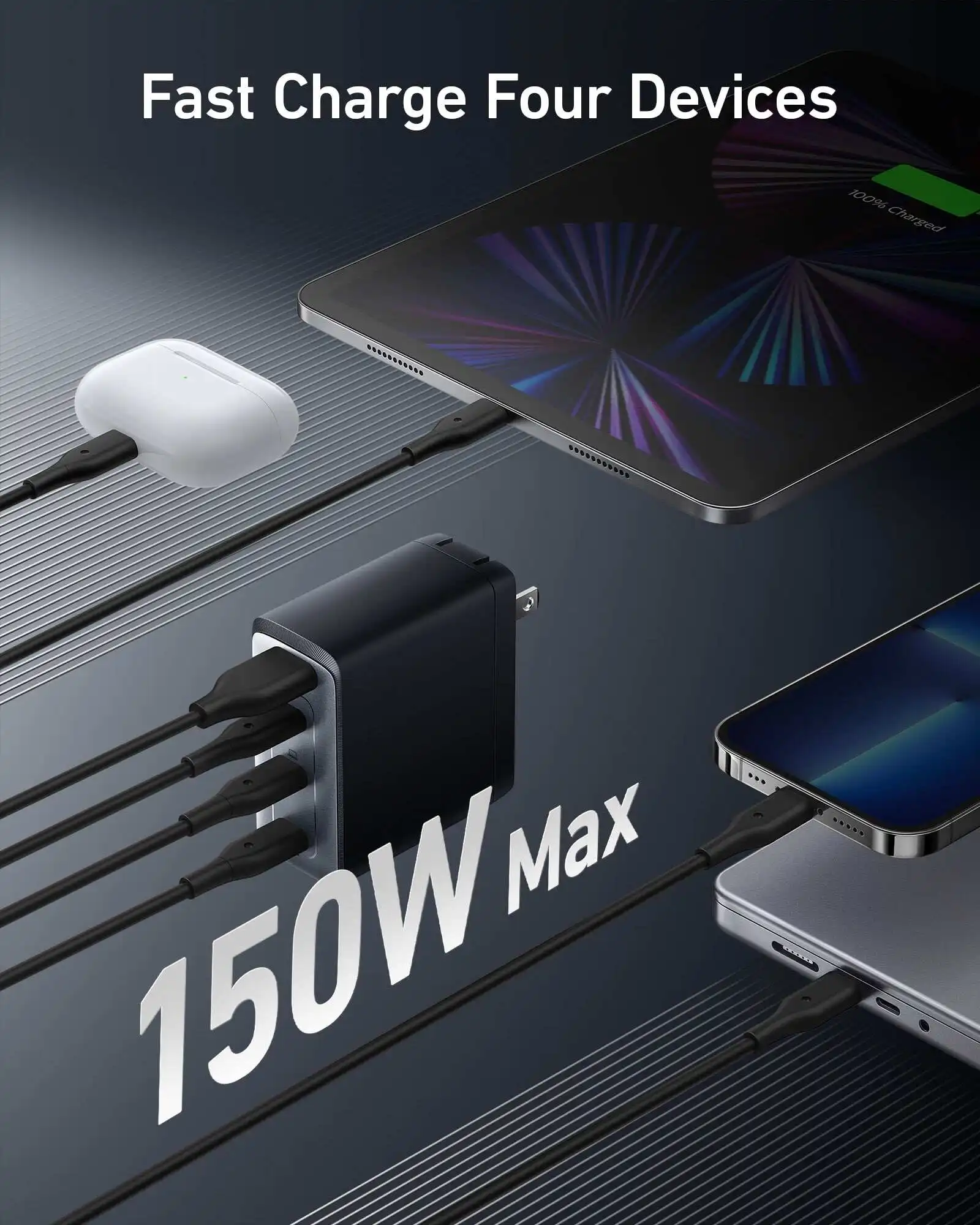 Anker USB C 충전기, GaN 프라임, 747 150W, PPS 4 포트 고속 컴팩트 접이식 벽 충전기, 맥북 프로, 에어, 아이패드용