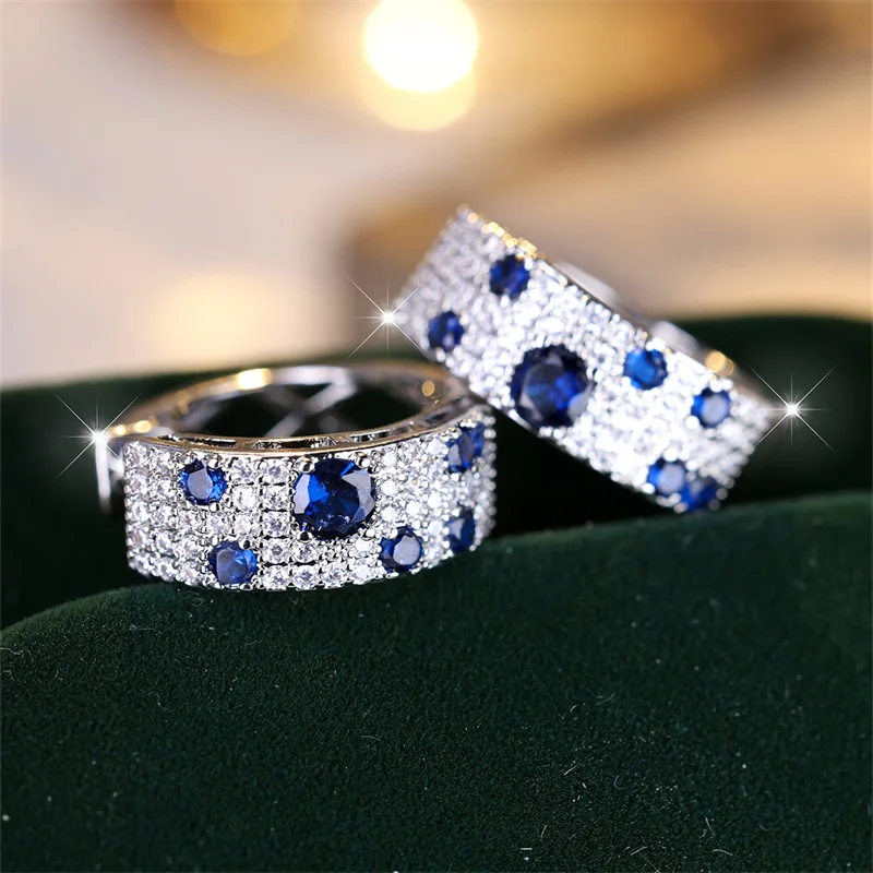 Luxury Female Blue Zircon Stone Clip Earrings Trendy Silver Color Wedding Jewelry Gift For Women