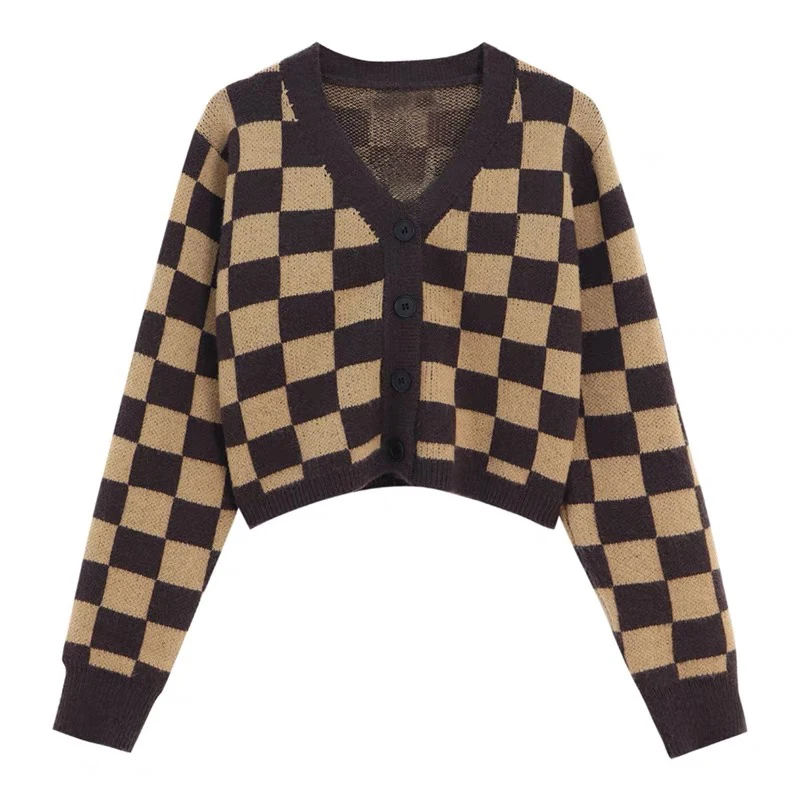 Checkerboard Crop Cardigan V-neck Button Up Knitted Sweaters Women - Main Image