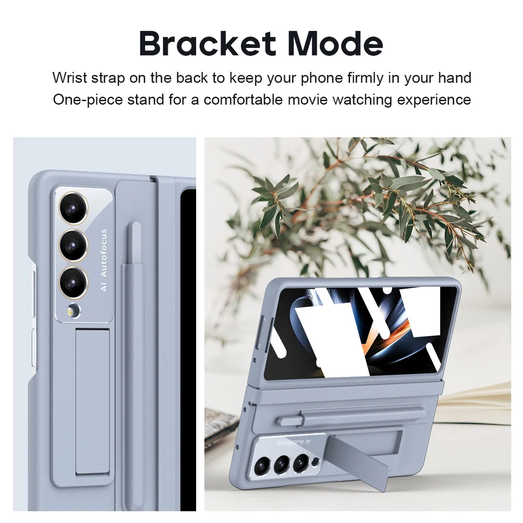With S Pen Holder For Samsung Galaxy Z Fold 5 Fold 4 5G PU Leather Case Hinge With Bracket Screen Film Full Protector Cover