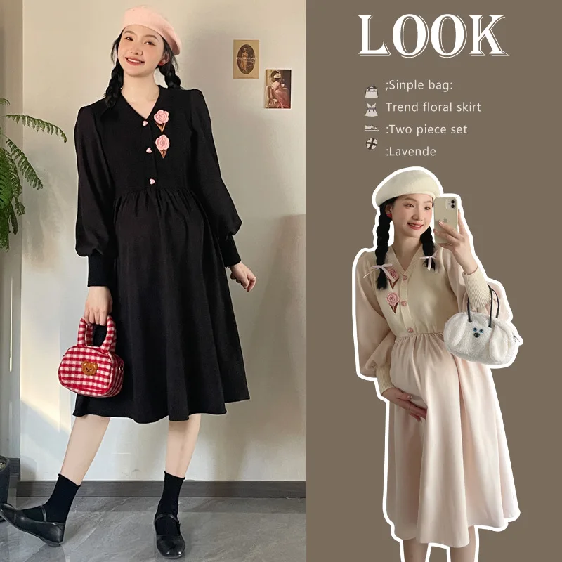 

Maternity Knit Patchwork Flower Dress Autumn Winter Clothes For Pregnant Women V-Neck High Waist Corduroy Pregnancy Dresses