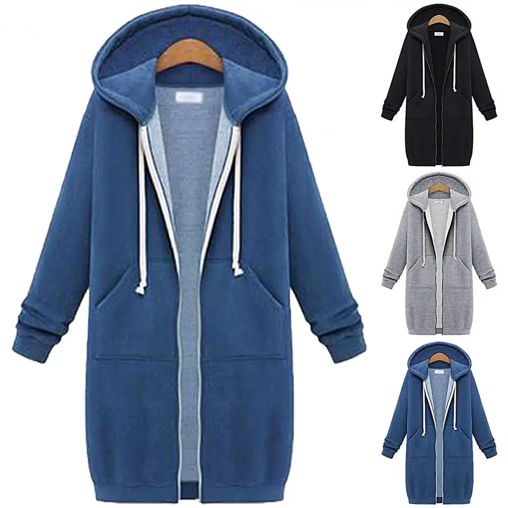

Women Jacket Solid Side Pockets Hoodie Long Sleeve Zipper Closure Drawstring Streetwear Hooded Female Sweatshirt Ladies Clothing