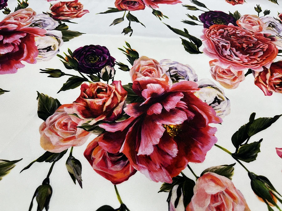 

30 Momme Stretch High Quality Real Silk Heavy Crepe Clothing Fabric White Background Color Peony Spray Painting Designer Dress
