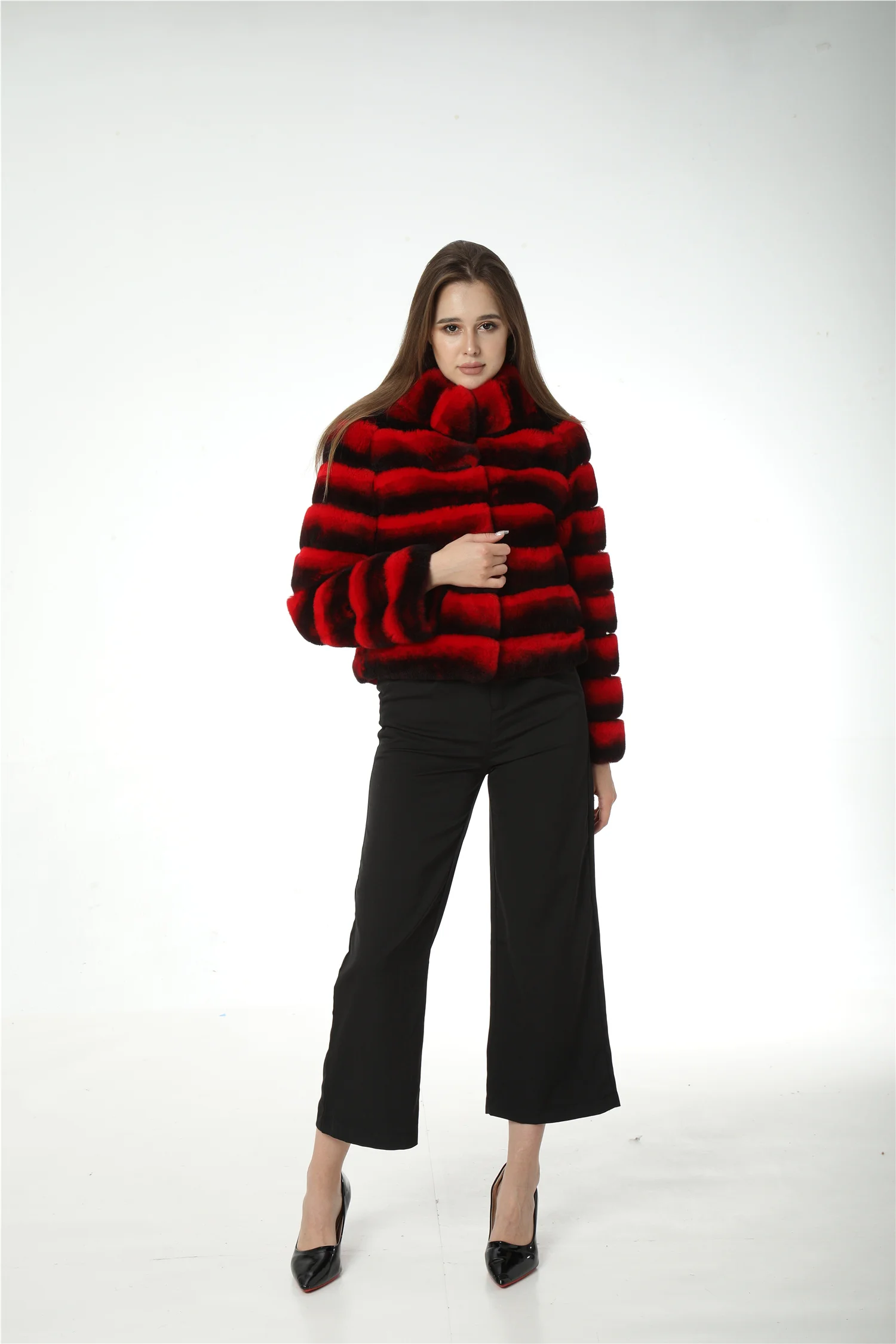 Real Rex Rabbit Fur Coat With Stand Collar Chinchilla 220604 Red Color Stripe Luxury 2023 Short Crop Outerwear