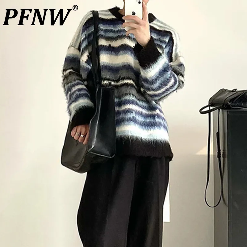 

PFNW Men's Autumn 2023 New Winter Round Neck Stripe Contrast Color Pullover Sweater Warm Mohair Knitted Women Tide Tops 12Z4245