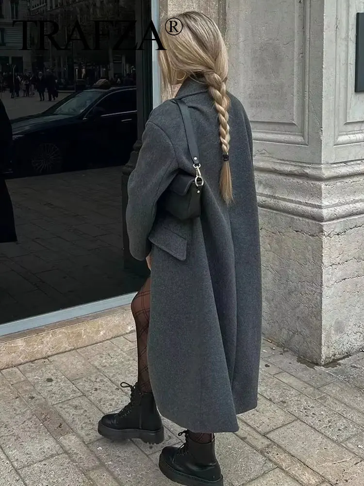 TRAFZA Winter Coat For Women 2024 Solid Lapel Double Breasted Long Cardigan Top Female Pokcet Streetwear Woman New In OuterCoat 6