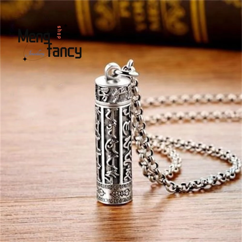 Thai Silver Leng Yan Mantra Six-word Motto Amulets Retro Hollow Sutra Cylinder Transhipment Pendant Fashion Jewelry Holiday Gift