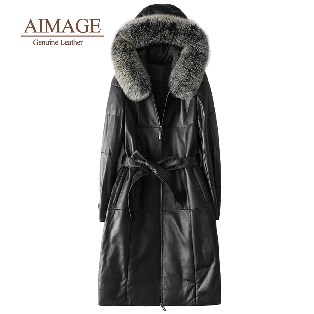 

Real Fox Fur Collar Think Warm Down Jackets Genuine Leather Women Slim Sheepskin Long Overcoat Stylish Zipper Belt Outwear PY022