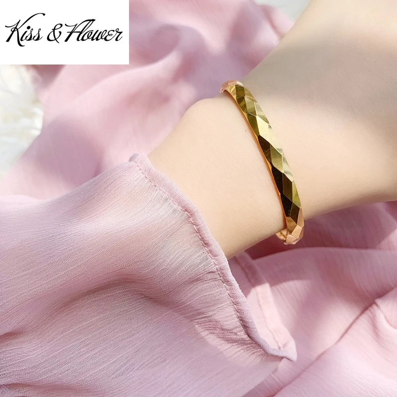 

KISS&FLOWER BR294 Fine Jewelry Wholesale Fashion Woman Girl Bride Birthday Wedding Gift Shiny Rhombus 24KT Gold Bracelet Bangle