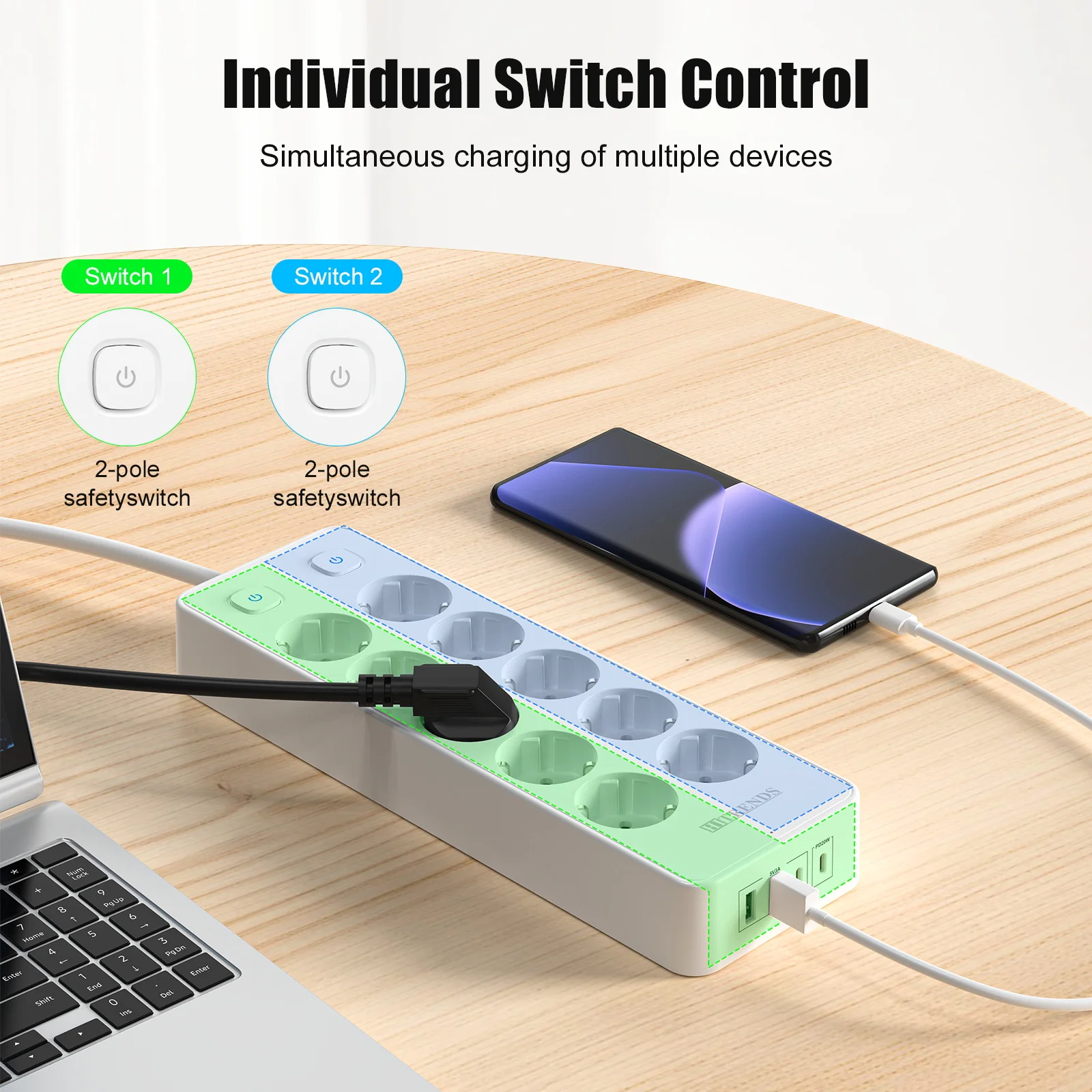 10 Way European Power Strip with 2 USB A 2 USB C PD20W fast charging Multiprise Socket Double switch Surge Protection 2m cable S87f54a829ecf487c9b2412aa28e3562aL