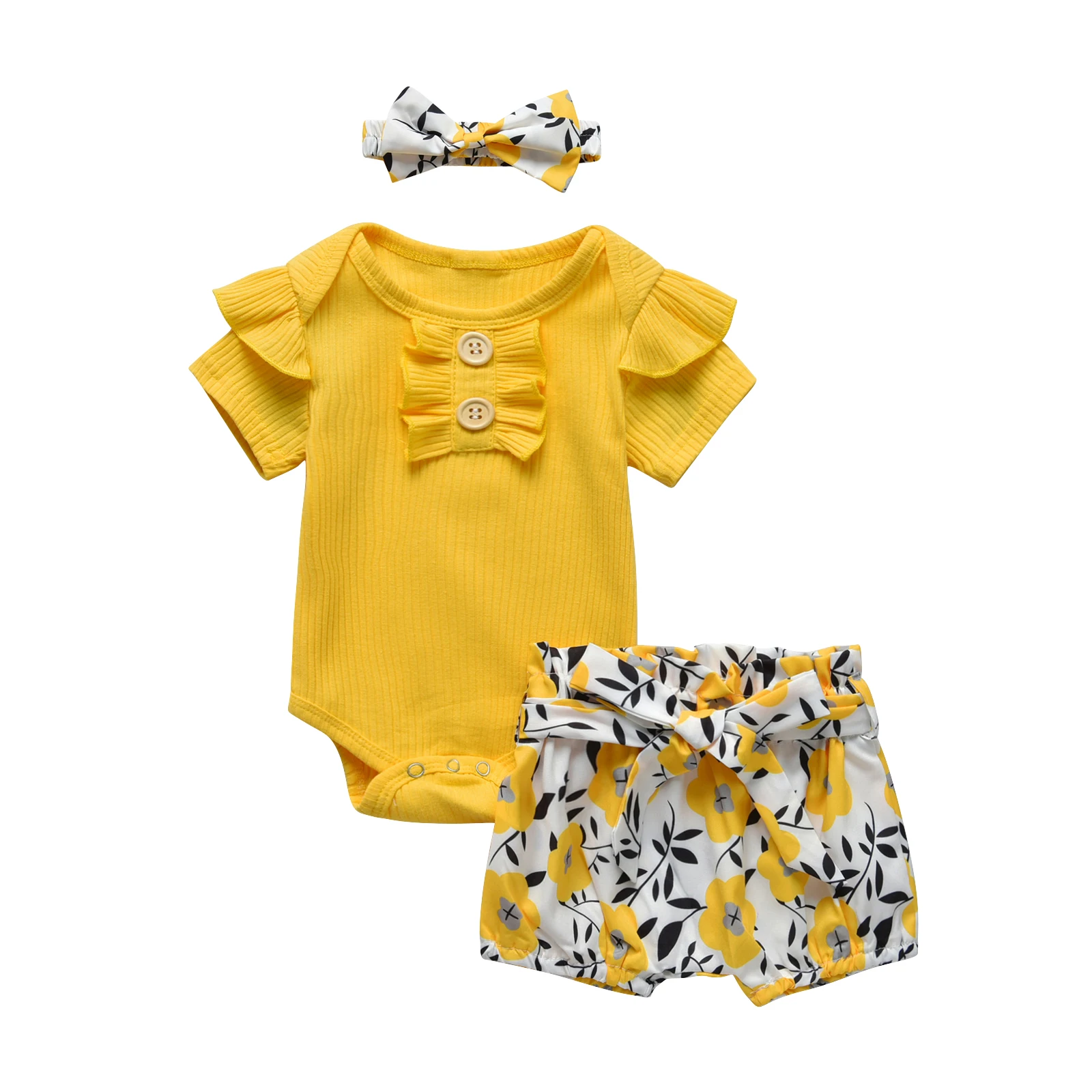 baby clothes penguin set Summer Baby Girl Clothes Set Solid Color Ribbed Short Sleeve Romper and Cute Flower Pants Headband For Newborn Infant Clothing baby girl cotton clothing set Baby Clothing Set