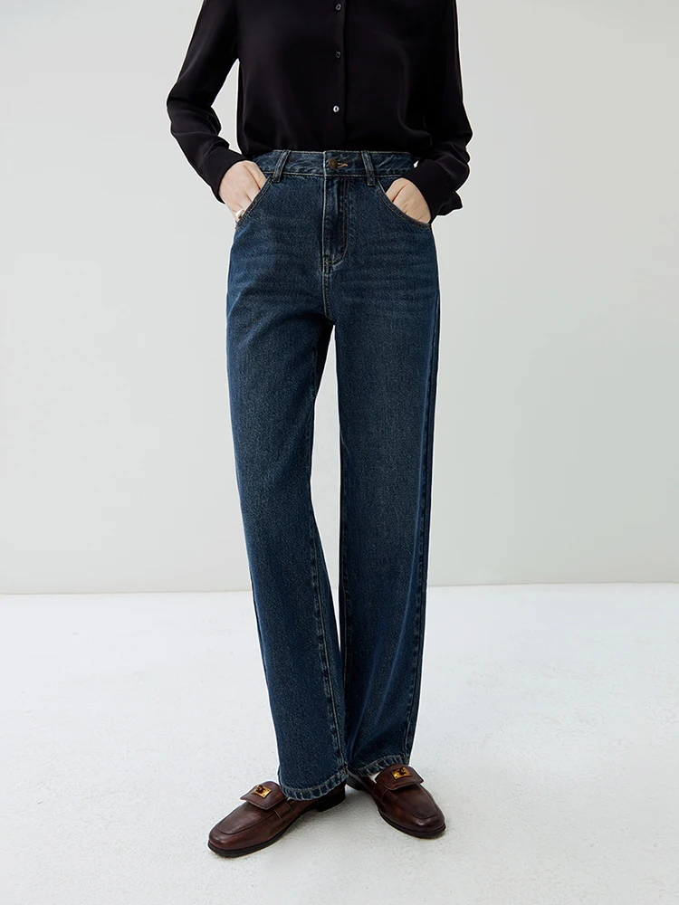 

FSLE 46.8% Cotton Retro Dark Denim Blue Full Length Jean Contrast Leather Label Design Female High Waist Straight Autumn Jeans