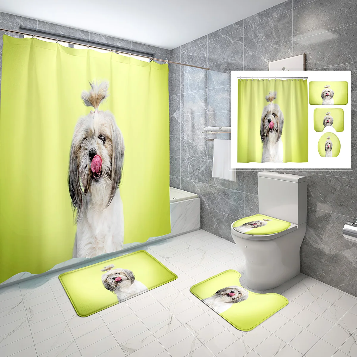 4 Pcs Shih Tzu Dog Shower Curtain Sets with Non Slip Rugs Mat Toilet Lid Animals Cute Sweet Dog