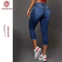 High Waist Slim Fit Skinny Jeans Retro Double Button High Elasticity Eighteen Shorts Cuffed Hole Punching Women's Denim Pants