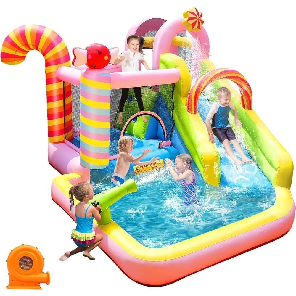 

Inflatable Bounce House Water Slide, 6 in 1 Sweet Candy Water Park, Wet Dry Combo Bouncy Castle with 450W Blower