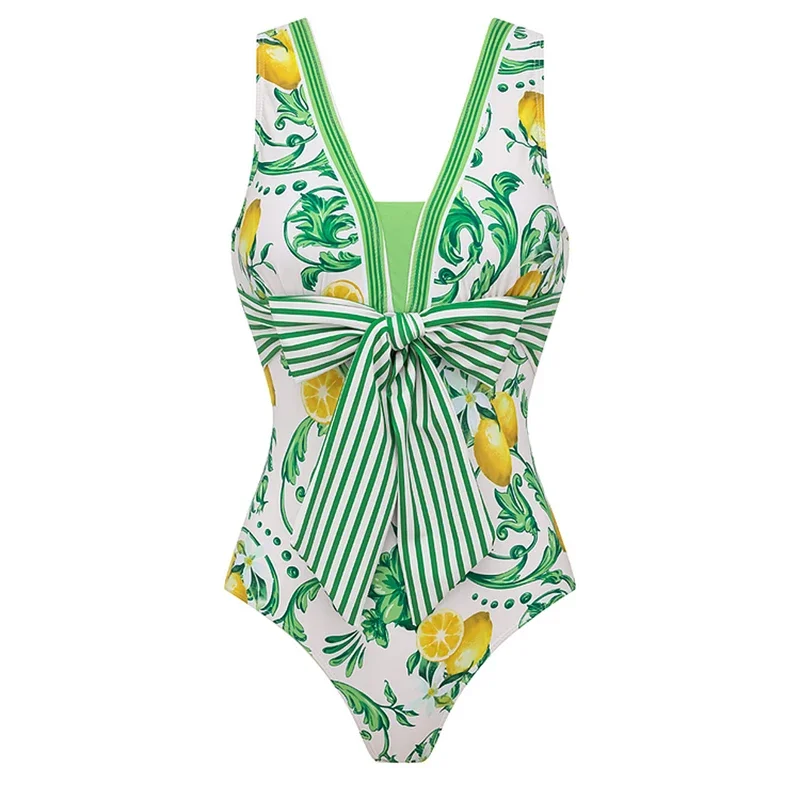 Bikini Set Swimwear Lemon Printting Flower One Piece Swimsuit High Waist Women Female Padded Bathers Bathing Swimming Beachwear