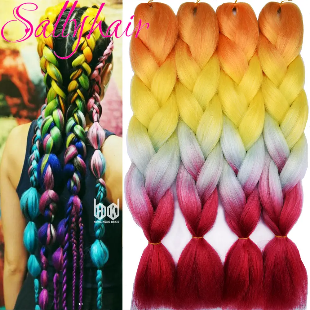 

Ombre Synthetic Braiding Hair Rainbow Colored Sallyhair 24inch Crochet Jumbo Braids High Temperature Fiber Bulk Hair Extensions