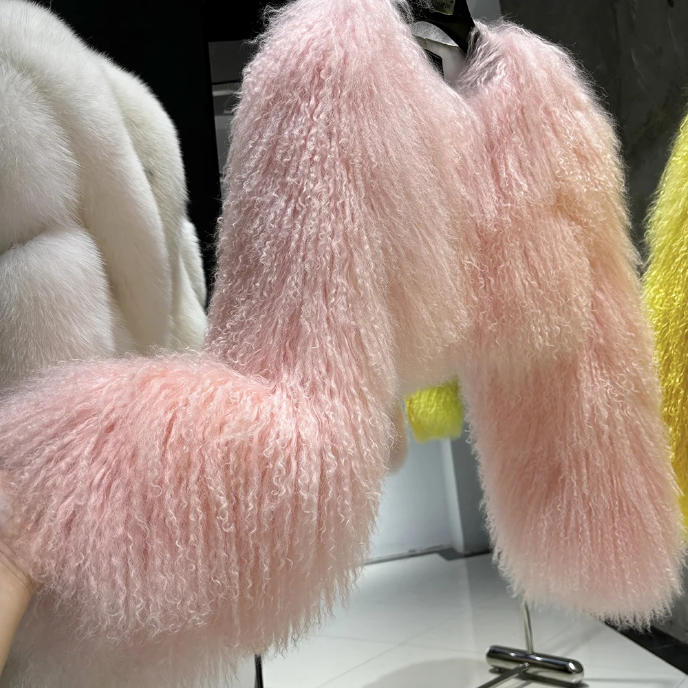 YOLOAgain Plus Size 8XL Women's Real Mongolia Sheep Fur Jacket Cropped Jacket Streetwear