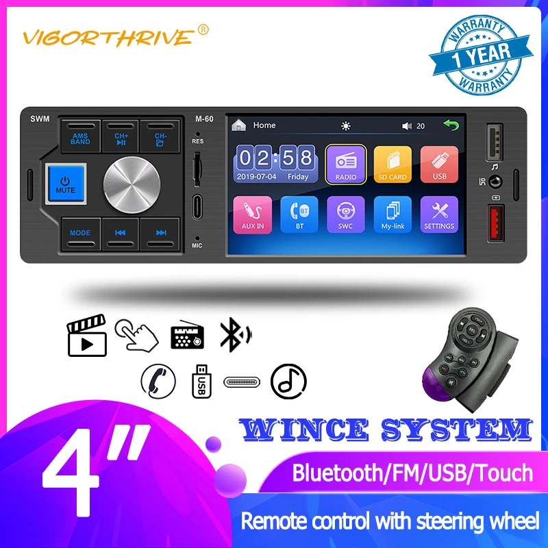 

Car Radio 1Din 4'' MP5 Player USB TF Hands Free Calling Touch Screen TYPE-C for Charging Dual USB 7 Colored Lights Bluetooth