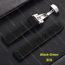 Premium Waterproof Silicone Watch Band with Butterfly Buckle - Breathable Rubber Strap Replacement - 22mm (Black - Green)