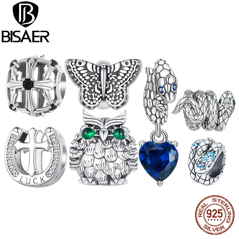 

BISAER 100% 925 Sterling Silver Vintage Cross Charm Bead Fit Women Snake Animal Pendant DIY Necklace & Bracelet Fine Jewelry