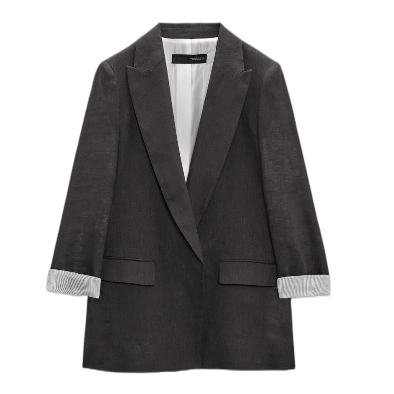 PB&ZA2023 Autumn New Multicolor Fashion Women's Printed Sleeves Curly Linen Button Free Lapel Open Blazer 3