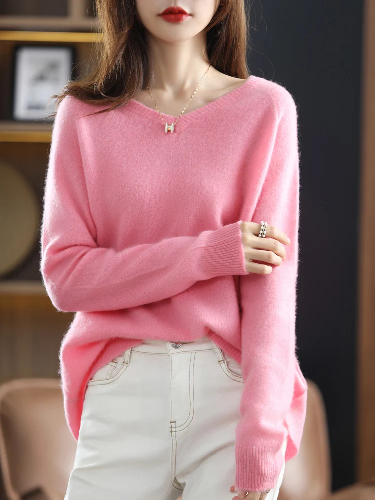 

Autumn Pullover Long Sleeve Top Korean Fashion Wool Lazy Wind Loose V-Neck Women's Casual All-Match Cashmere Sweater Women