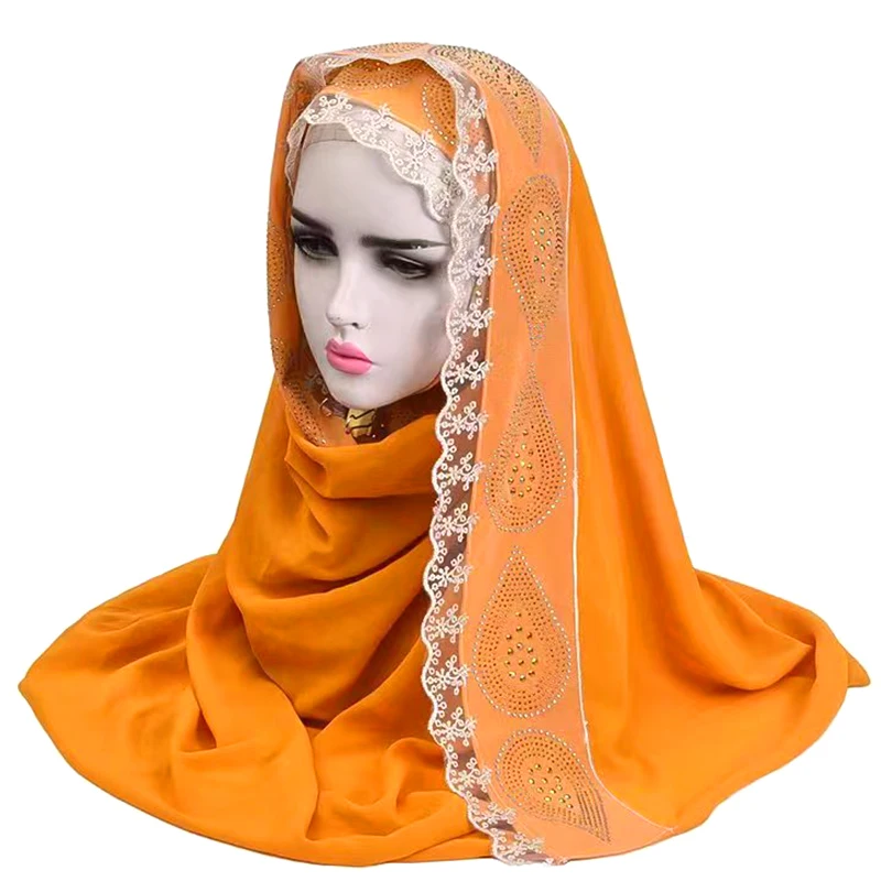 

Chiffon Muslim Hijab Woman Rhinestone Lace Large Islamic Turban Hat Shawls Head Wrap Scarf Arab Instant Hijabs Women Headscarf