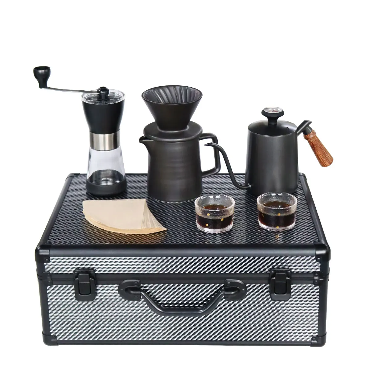 

Travel Coffee Maker Sets with Dripper Server Coffee Kettle Manual Grinder Filter Paper Gift Box for Outdoor Camping