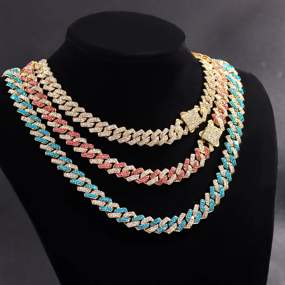Hip Hop Bling Cuban Link Chain Necklace for Women and Men Pink and