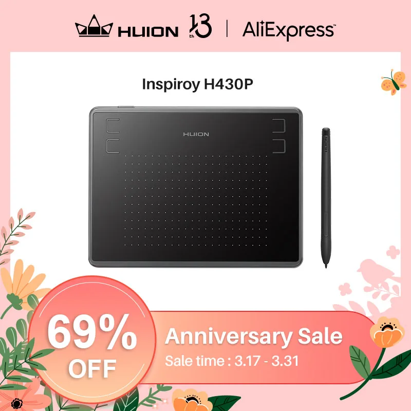 HUION H430P 디지털 태블릿 마이크로 USB 서명 그래픽 드로잉 펜, 태블릿 OSU 게임, 배터리 프리 태블릿, 안드로이드 맥 윈도우 