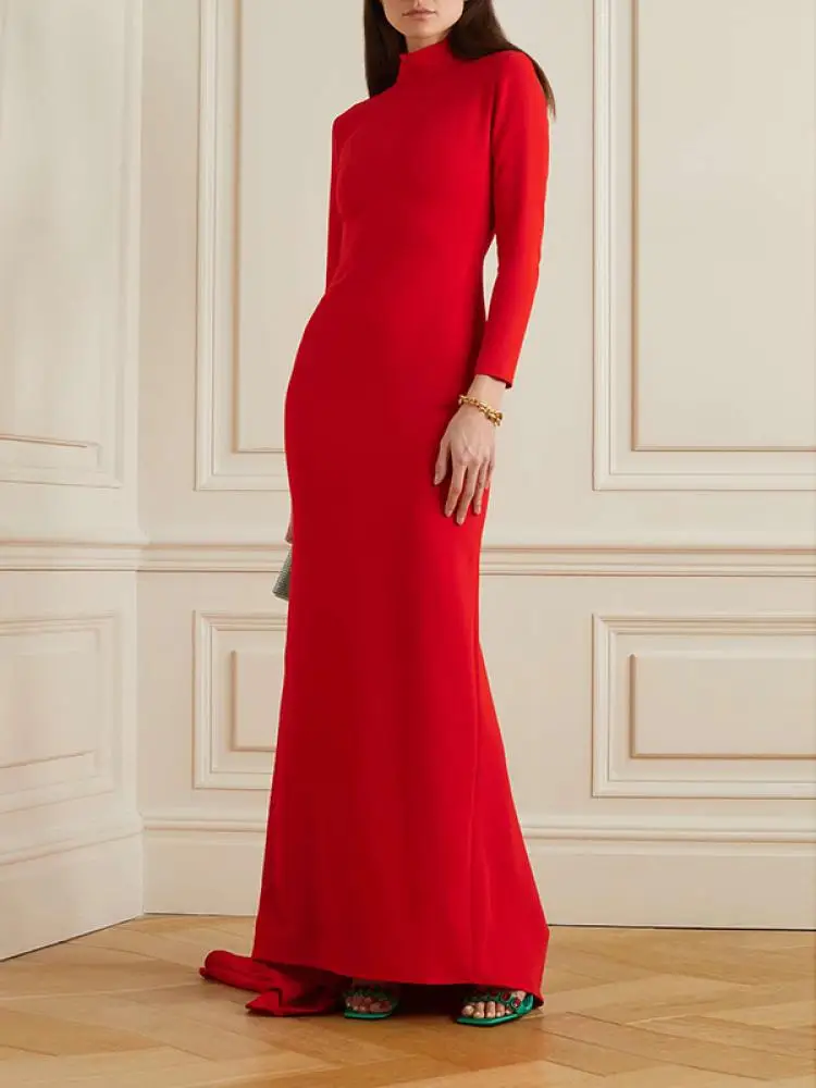 

Bonboho Women's Dress Solid Red Floor Length Evening Dresses Turtleneck Long Sleeeve Slim Fit Wrap Dress for Ladies 2024 New