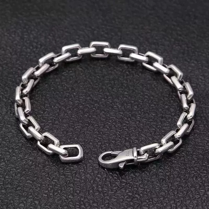 S925 Sterling Silver Fashion Bracelet Male Thai Silver Vintage Style Square Ring Buckle Fashion Personality Bracelet Female