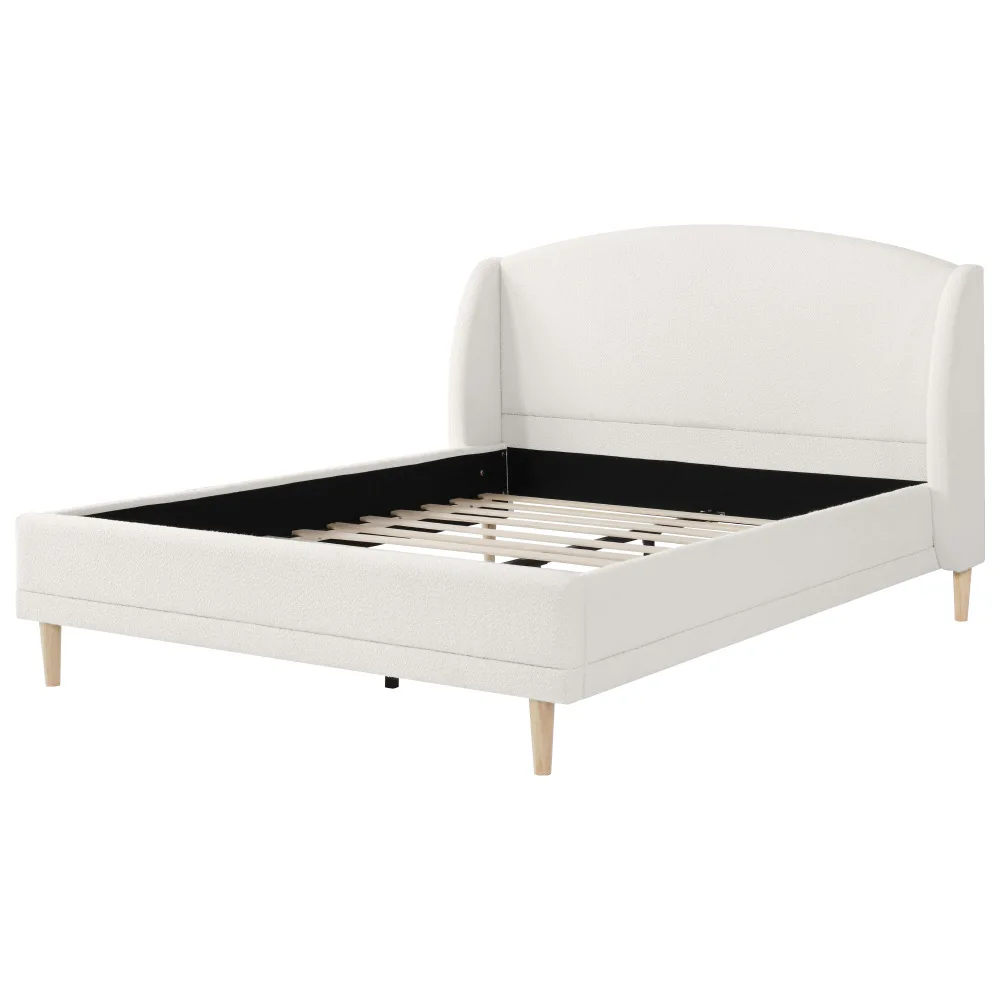 140×190cm großes modernes Doppelbett aus gewelltem Stoff, Kopfteil mit Ohren, geschwungenes Design, solide Lattenrostbasis, Heeva-Holzfüße, Elfenbeinweiß – Detail 10