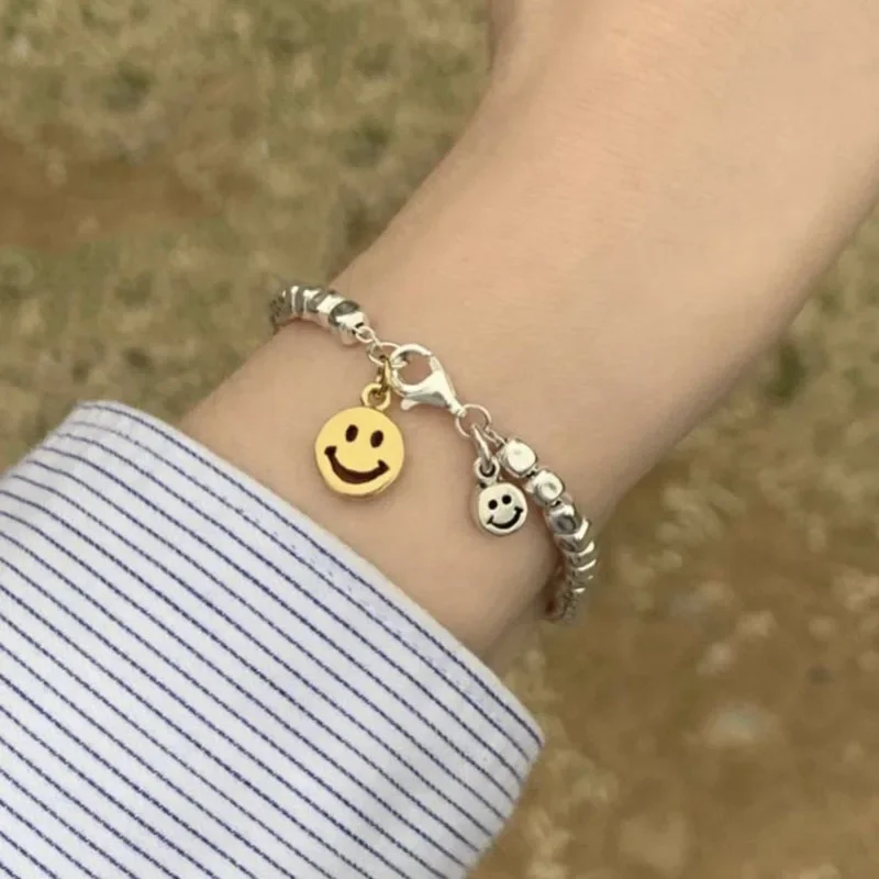 

925 Sterling Silver Hiphop Thick Gold Smile Face Bracelet for Women Girls Vintage Handmade Hasp Bracelet Fashion Birthday Gift