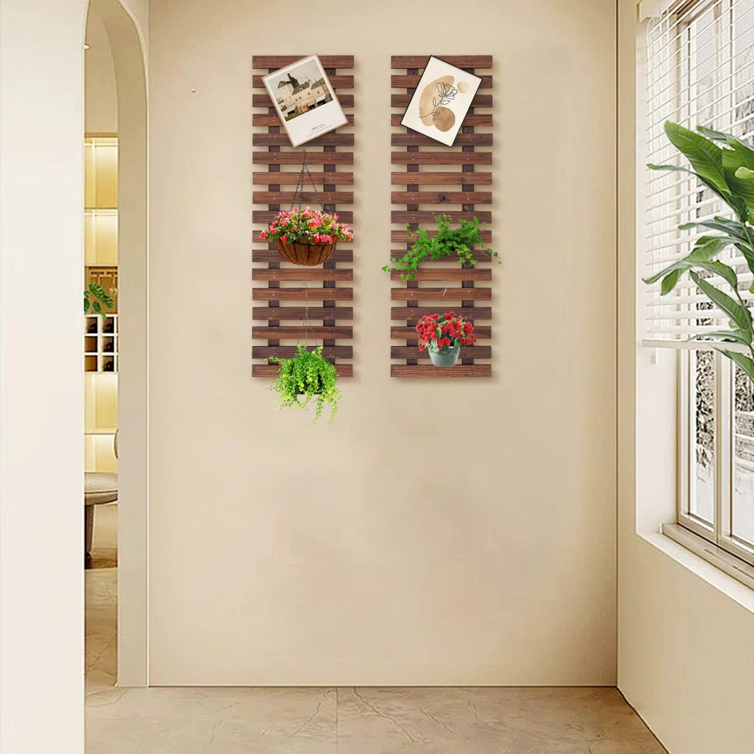 2 PCS Wall Planter Wooden Hanging Planter Rack Wooden Plant Wall Rack Thickened Crossbar Balconies Living rooms Cafes Gardens 2