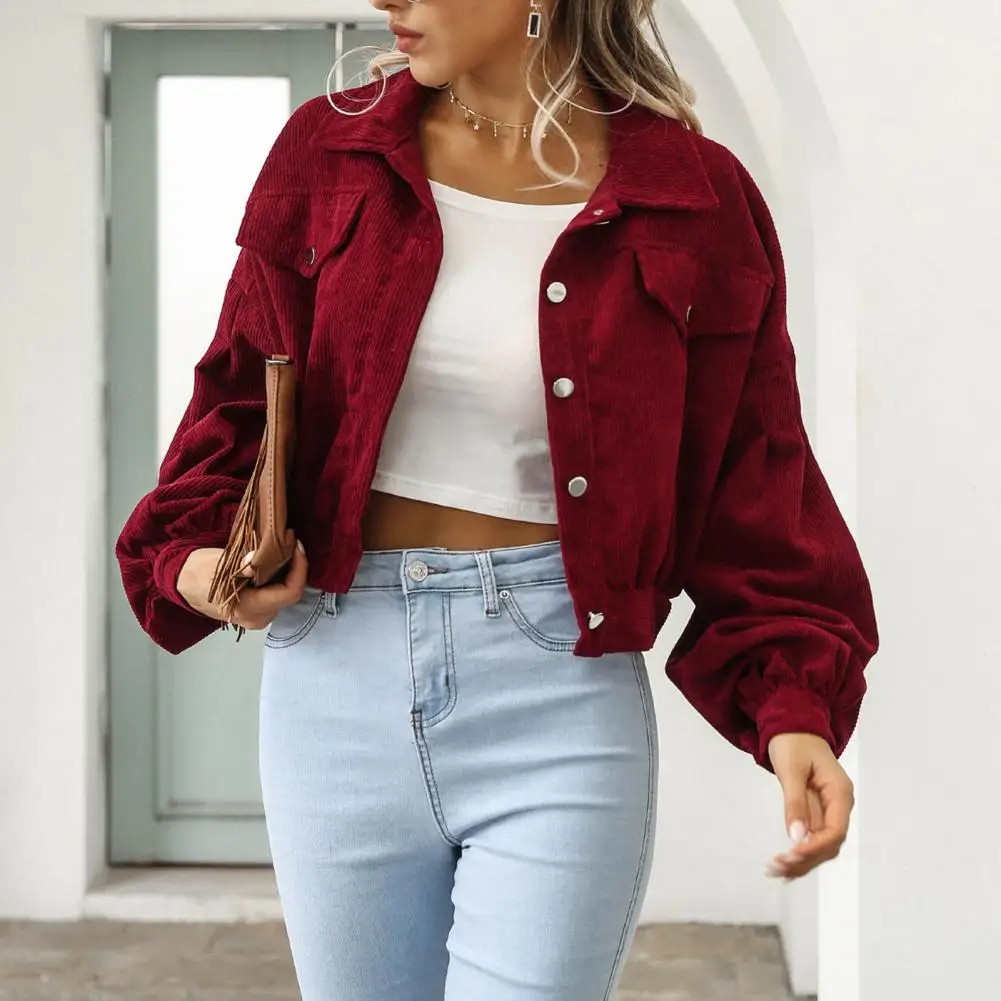 

Lantern Sleeve Cropped Jacket Vintage Corduroy Coat Stylish Autumn Women's Single Breasted Overcoat with Lantern Sleeves A