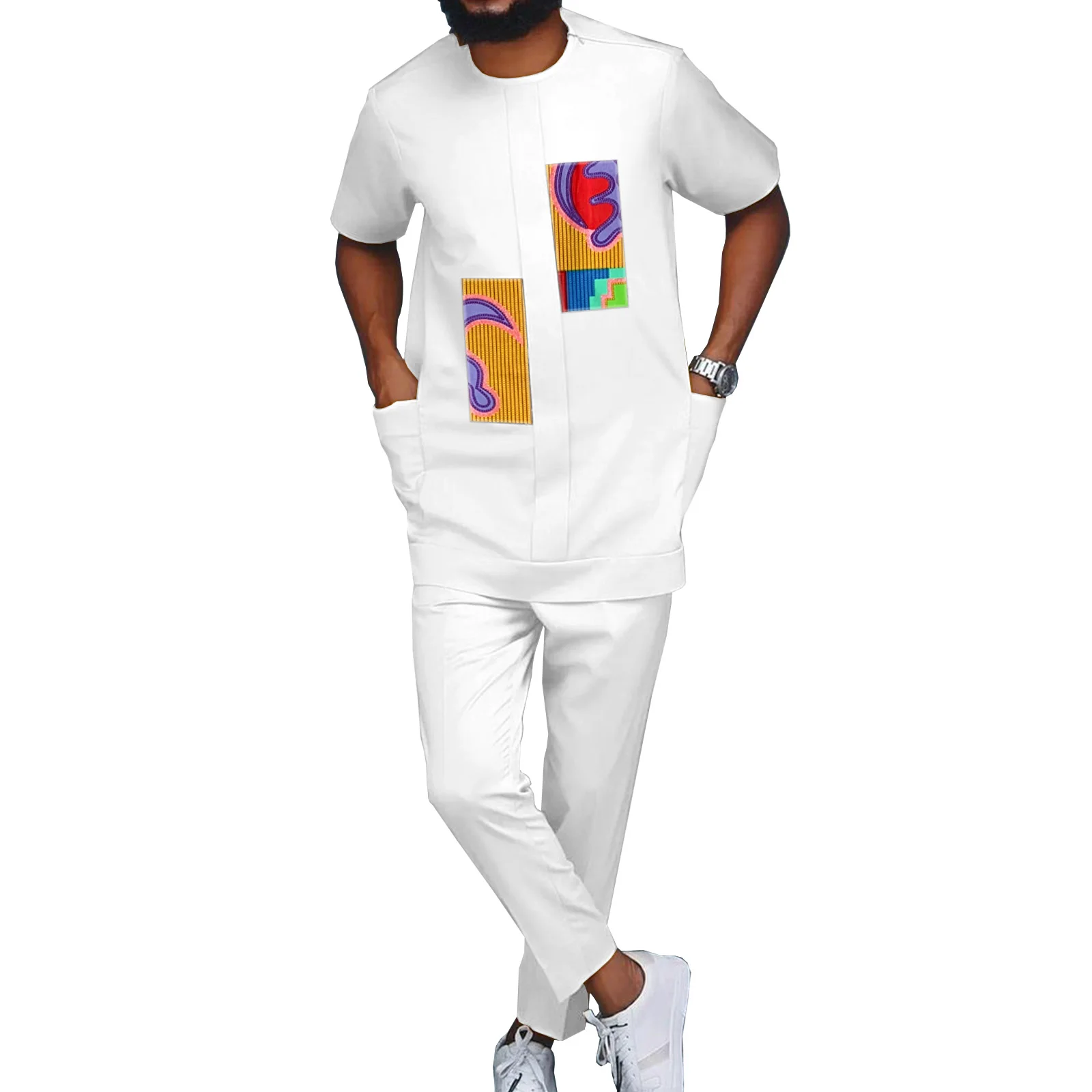 

SEA&ALP Men African Attire Short Sleeve Patchwork Wax Cloth Shirt Pants 2 Piece Set Outfits Dashiki Nigerian Suit